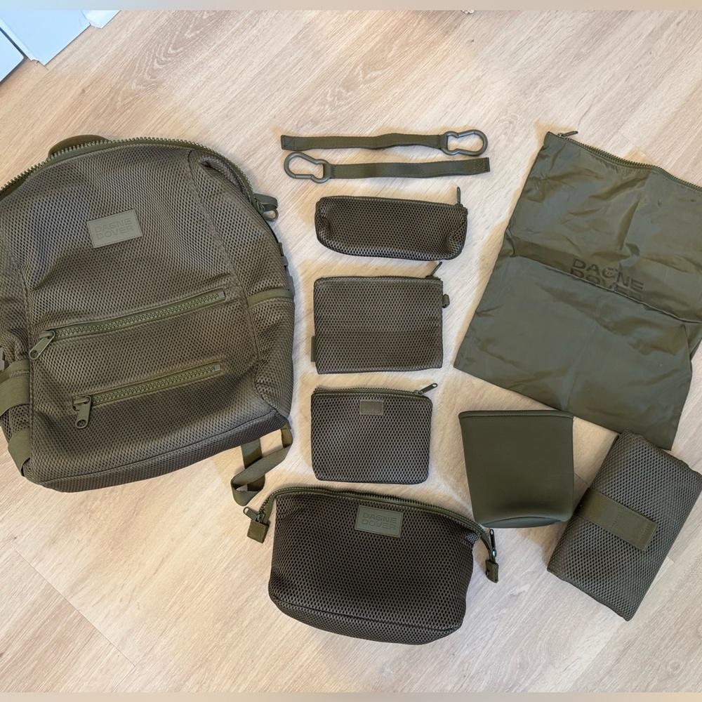 Dange Dover Indi Large Mesh Diaper Bag in Dark Moss + Hunter Toiletry Bag